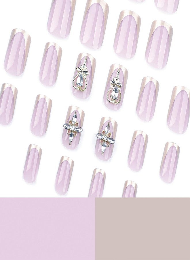 SINHOT Medium Press on Nails Square 3D Cross Rhinestones Fake Nails Glossy Glue on Nails Gold Edge Acrylic Nail Squoval Artificial Nail French Tip Stick on False Nail with Design 24 pcs - Image 5